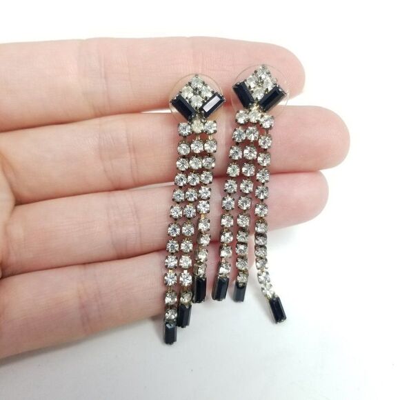 Vintage Rhinestone Dangle Stud Earrings, Black and Silver Tone Stones, Fun Retro - Picture 4 of 6